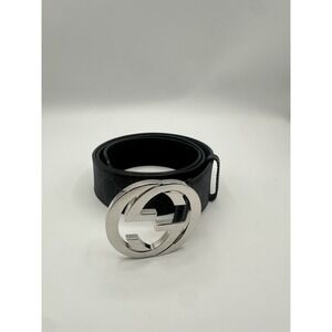 Gucci Man  Black GG Silver Tone Monogram Leather Belt Size 33